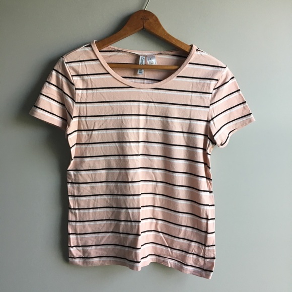 ⚪ H&M Divided pink striped cotton blend scoop neck tee - Picture 1 of 11